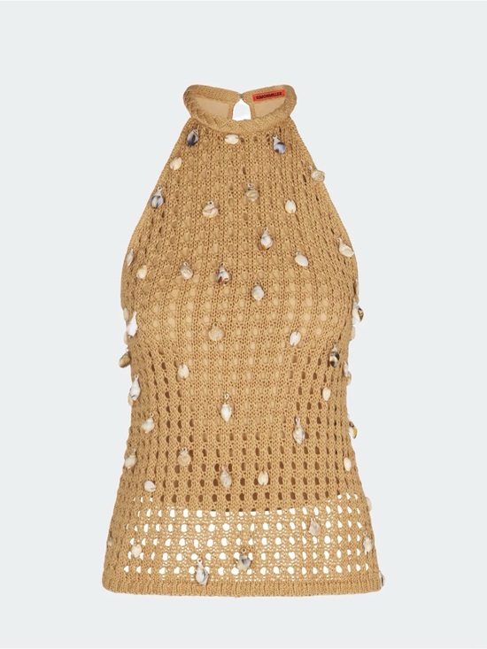 Simon Miller Tops - Simon Miller Tan Crochet Shell-Embellished Halter Tank